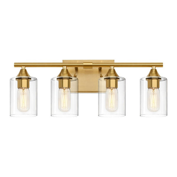 English Elm 4-Light Brushed Nickel Vanity Bar with Clear Cylindrical Shades for Modern Bathrooms Gold W5735P535371
