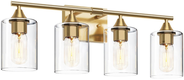 English Elm 4-Light Brushed Nickel Vanity Bar with Clear Cylindrical Shades for Modern Bathrooms Gold W5735P535371