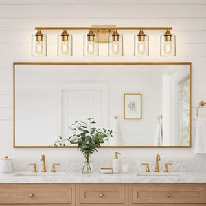 English Elm 6-Light Brushed Nickel Vanity Light Bar with Clear Cylinder Shades for Master Bath Gold W5735P535372
