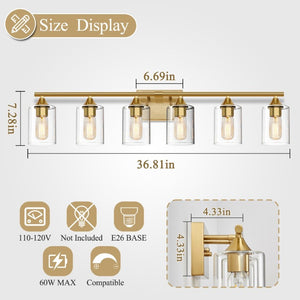 English Elm 6-Light Brushed Nickel Vanity Light Bar with Clear Cylinder Shades for Master Bath Gold W5735P535372