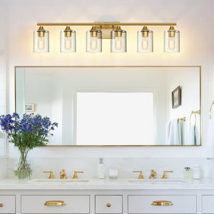 English Elm 6-Light Brushed Nickel Vanity Light Bar with Clear Cylinder Shades for Master Bath Gold W5735P535372