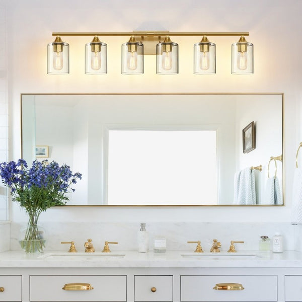 English Elm 6-Light Brushed Nickel Vanity Light Bar with Clear Cylinder Shades for Master Bath Gold W5735P535372