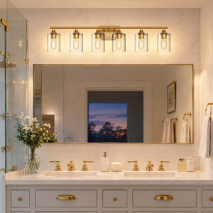 English Elm 6-Light Brushed Nickel Vanity Light Bar with Clear Cylinder Shades for Master Bath Gold W5735P535372