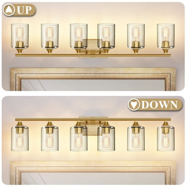 English Elm 6-Light Brushed Nickel Vanity Light Bar with Clear Cylinder Shades for Master Bath Gold W5735P535372