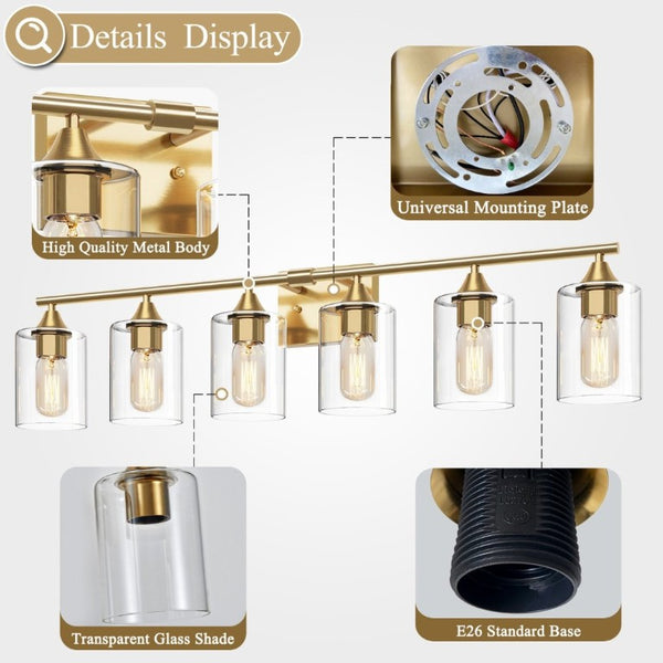 English Elm 6-Light Brushed Nickel Vanity Light Bar with Clear Cylinder Shades for Master Bath Gold W5735P535372
