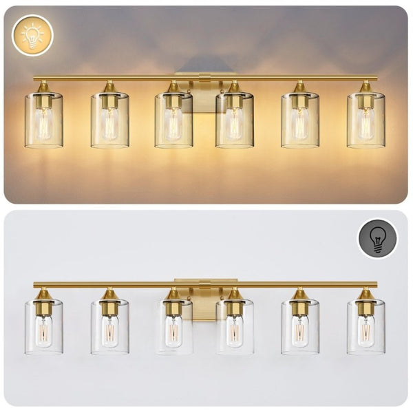 English Elm 6-Light Brushed Nickel Vanity Light Bar with Clear Cylinder Shades for Master Bath Gold W5735P535372
