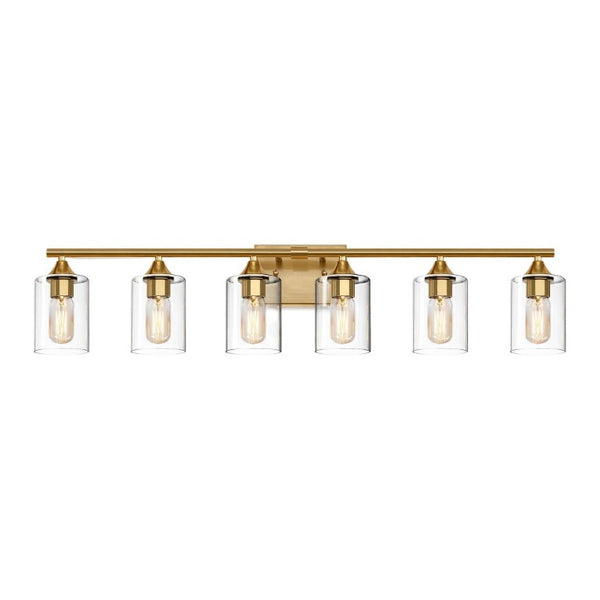 English Elm 6-Light Brushed Nickel Vanity Light Bar with Clear Cylinder Shades for Master Bath Gold W5735P535372