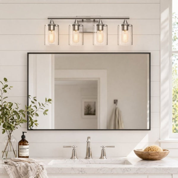 English Elm 4-Light Brushed Nickel Vanity Bar with Clear Cylindrical Shades for Modern Bathrooms Silver W5735P535374