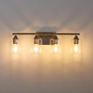 English Elm 4-Light Brushed Nickel Vanity Bar with Clear Cylindrical Shades for Modern Bathrooms Silver W5735P535374