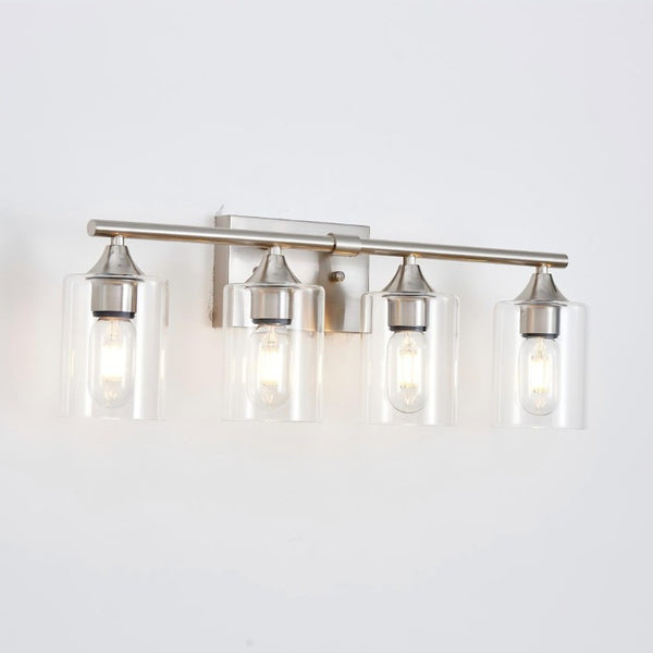 English Elm 4-Light Brushed Nickel Vanity Bar with Clear Cylindrical Shades for Modern Bathrooms Silver W5735P535374