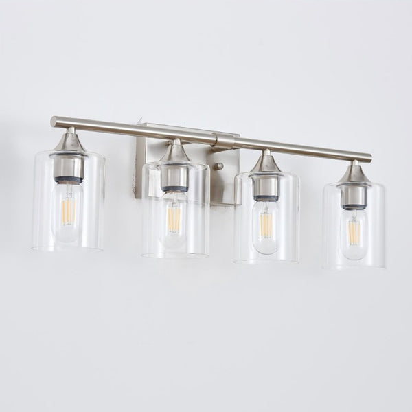 English Elm 4-Light Brushed Nickel Vanity Bar with Clear Cylindrical Shades for Modern Bathrooms Silver W5735P535374