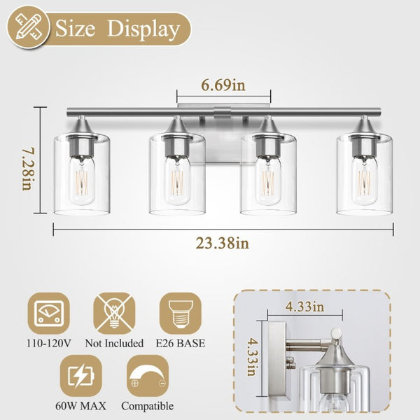 English Elm 4-Light Brushed Nickel Vanity Bar with Clear Cylindrical Shades for Modern Bathrooms Silver W5735P535374