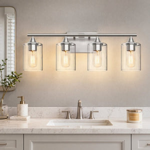 English Elm 4-Light Brushed Nickel Vanity Bar with Clear Cylindrical Shades for Modern Bathrooms Silver W5735P535374