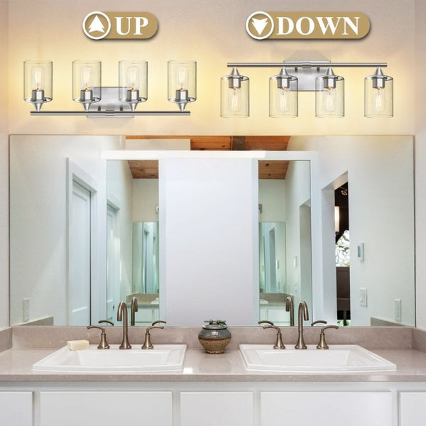 English Elm 4-Light Brushed Nickel Vanity Bar with Clear Cylindrical Shades for Modern Bathrooms Silver W5735P535374