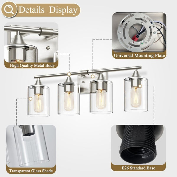 English Elm 4-Light Brushed Nickel Vanity Bar with Clear Cylindrical Shades for Modern Bathrooms Silver W5735P535374