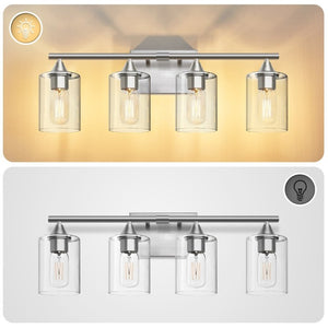 English Elm 4-Light Brushed Nickel Vanity Bar with Clear Cylindrical Shades for Modern Bathrooms Silver W5735P535374