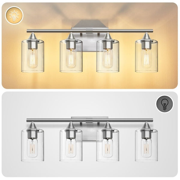 English Elm 4-Light Brushed Nickel Vanity Bar with Clear Cylindrical Shades for Modern Bathrooms Silver W5735P535374