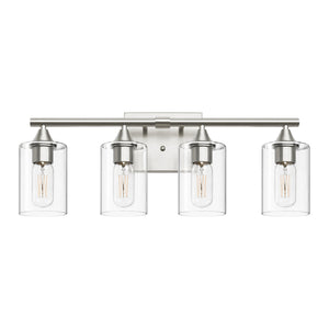 English Elm 4-Light Brushed Nickel Vanity Bar with Clear Cylindrical Shades for Modern Bathrooms Silver W5735P535374