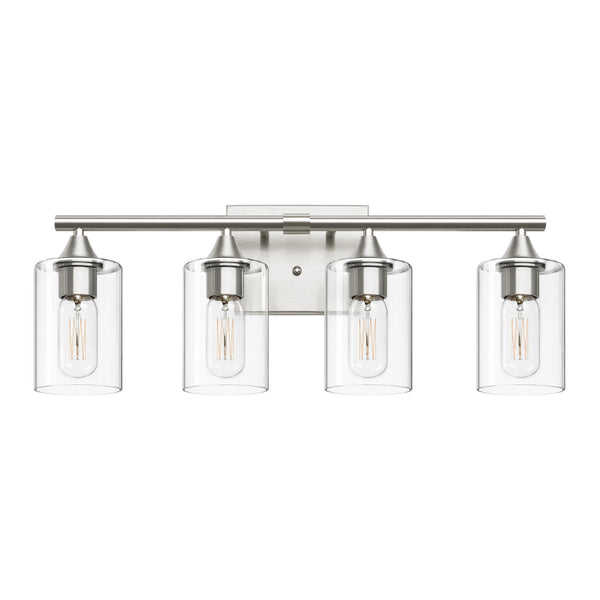 English Elm 4-Light Brushed Nickel Vanity Bar with Clear Cylindrical Shades for Modern Bathrooms Silver W5735P535374