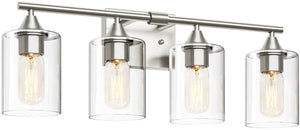 English Elm 4-Light Brushed Nickel Vanity Bar with Clear Cylindrical Shades for Modern Bathrooms Silver W5735P535374