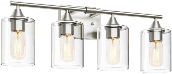 English Elm 4-Light Brushed Nickel Vanity Bar with Clear Cylindrical Shades for Modern Bathrooms Silver W5735P535374