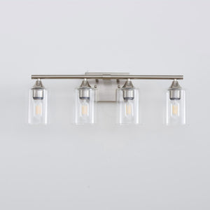 English Elm 4-Light Brushed Nickel Vanity Bar with Clear Cylindrical Shades for Modern Bathrooms Silver W5735P535374