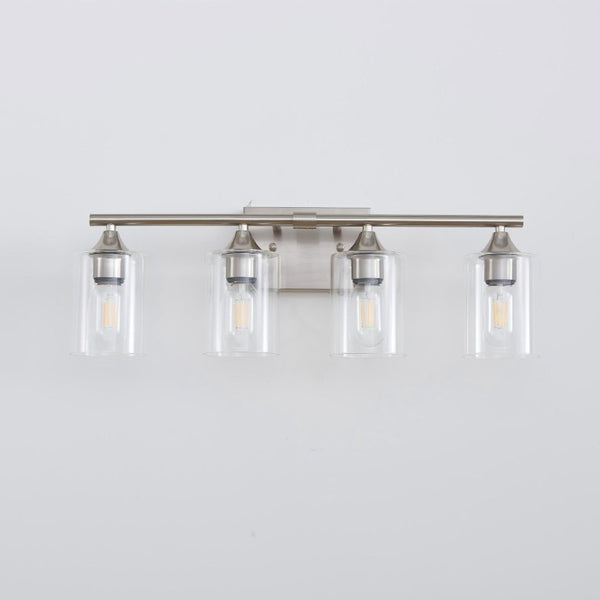 English Elm 4-Light Brushed Nickel Vanity Bar with Clear Cylindrical Shades for Modern Bathrooms Silver W5735P535374