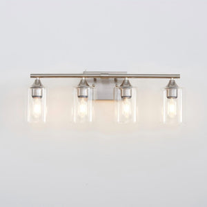 English Elm 4-Light Brushed Nickel Vanity Bar with Clear Cylindrical Shades for Modern Bathrooms Silver W5735P535374