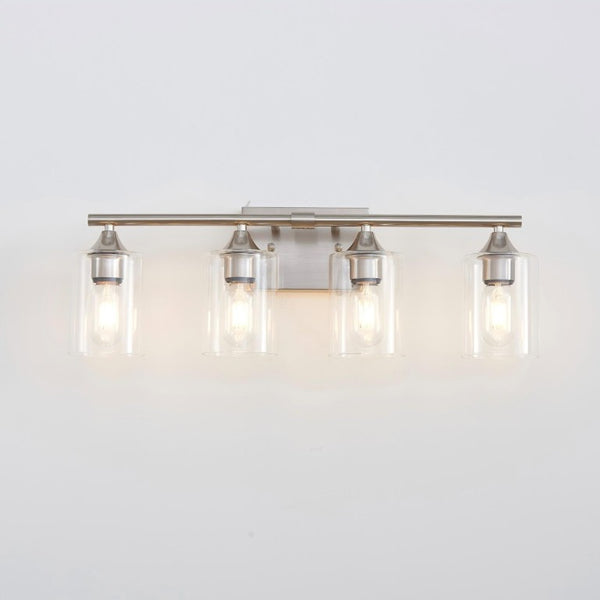 English Elm 4-Light Brushed Nickel Vanity Bar with Clear Cylindrical Shades for Modern Bathrooms Silver W5735P535374