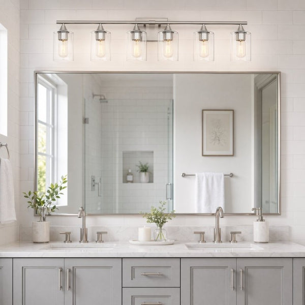 English Elm 6-Light Brushed Nickel Vanity Light Bar with Clear Cylinder Shades for Master Bath Silver W5735P535375