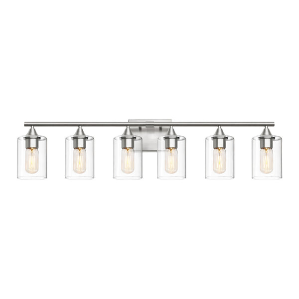 English Elm 6-Light Brushed Nickel Vanity Light Bar with Clear Cylinder Shades for Master Bath Silver W5735P535375