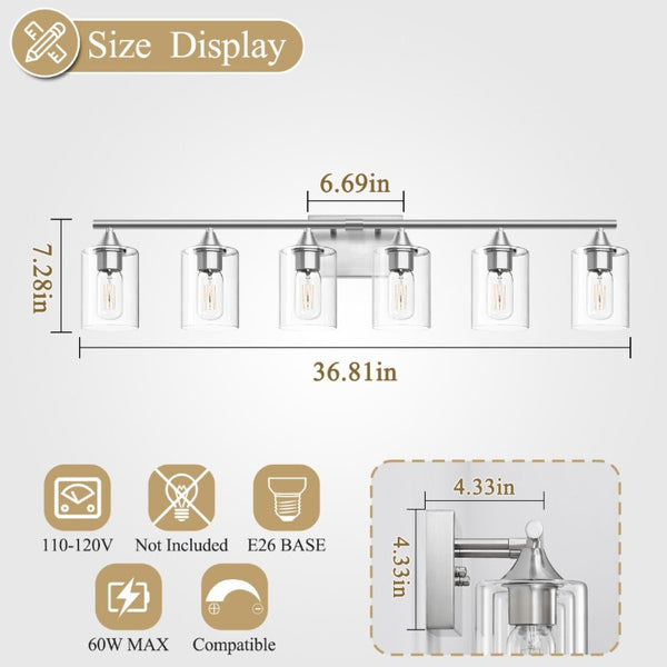 English Elm 6-Light Brushed Nickel Vanity Light Bar with Clear Cylinder Shades for Master Bath Silver W5735P535375