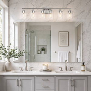 English Elm 6-Light Brushed Nickel Vanity Light Bar with Clear Cylinder Shades for Master Bath Silver W5735P535375