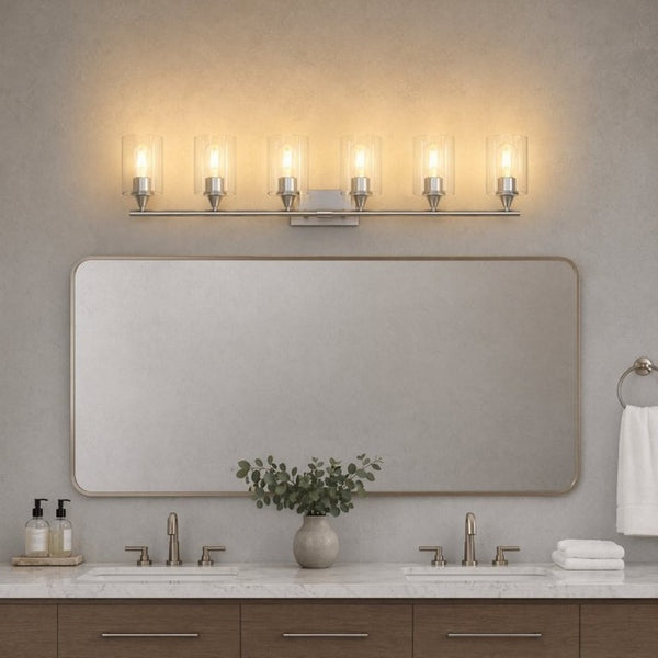 English Elm 6-Light Brushed Nickel Vanity Light Bar with Clear Cylinder Shades for Master Bath Silver W5735P535375