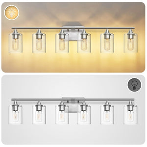 English Elm 6-Light Brushed Nickel Vanity Light Bar with Clear Cylinder Shades for Master Bath Silver W5735P535375