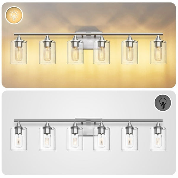 English Elm 6-Light Brushed Nickel Vanity Light Bar with Clear Cylinder Shades for Master Bath Silver W5735P535375