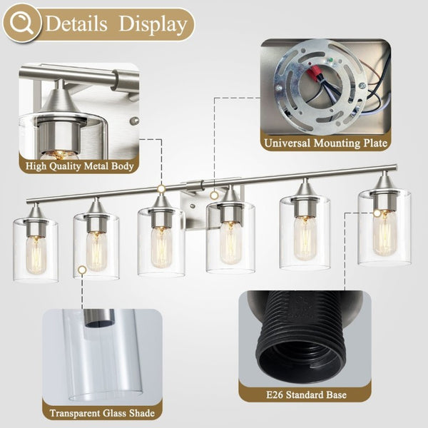 English Elm 6-Light Brushed Nickel Vanity Light Bar with Clear Cylinder Shades for Master Bath Silver W5735P535375