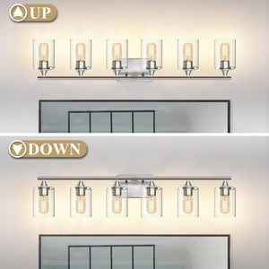 English Elm 6-Light Brushed Nickel Vanity Light Bar with Clear Cylinder Shades for Master Bath Silver W5735P535375
