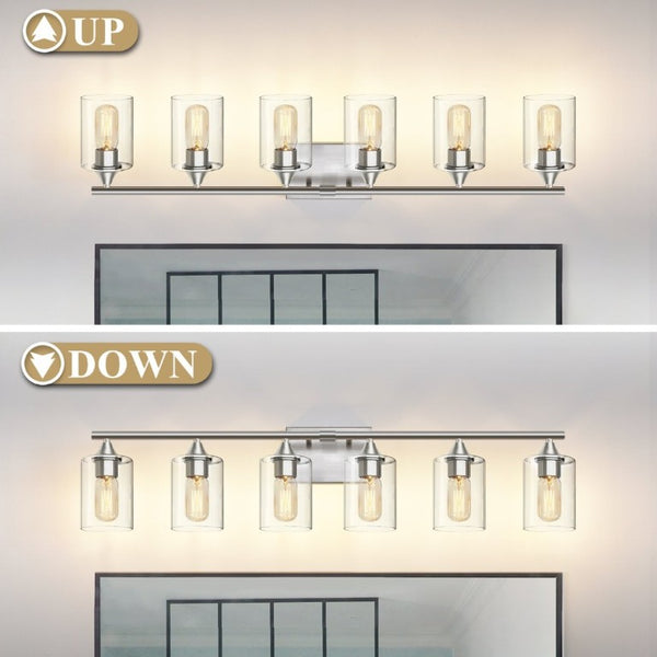 English Elm 6-Light Brushed Nickel Vanity Light Bar with Clear Cylinder Shades for Master Bath Silver W5735P535375