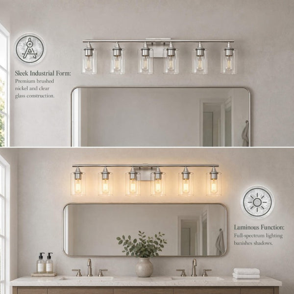 English Elm 6-Light Brushed Nickel Vanity Light Bar with Clear Cylinder Shades for Master Bath Silver W5735P535375