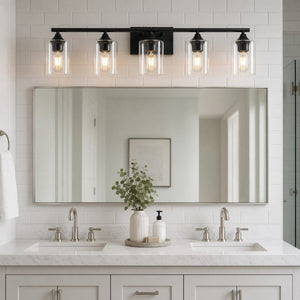English Elm 5-Light Matte Black Vanity Bar Fixture with Cylinder Glass Shades for Wide Bathroom Mirrors W5735P539029
