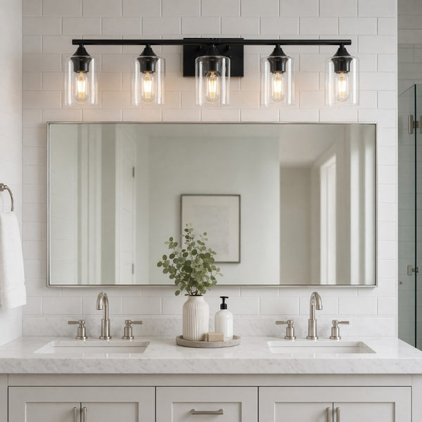 English Elm 5-Light Matte Black Vanity Bar Fixture with Cylinder Glass Shades for Wide Bathroom Mirrors W5735P539029