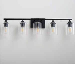 English Elm 5-Light Matte Black Vanity Bar Fixture with Cylinder Glass Shades for Wide Bathroom Mirrors W5735P539029