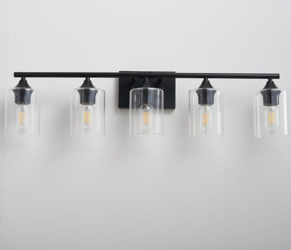 English Elm 5-Light Matte Black Vanity Bar Fixture with Cylinder Glass Shades for Wide Bathroom Mirrors W5735P539029