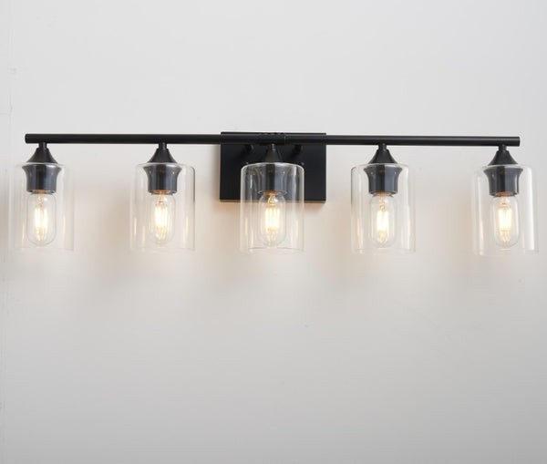 English Elm 5-Light Matte Black Vanity Bar Fixture with Cylinder Glass Shades for Wide Bathroom Mirrors W5735P539029