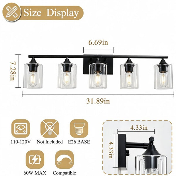 English Elm 5-Light Matte Black Vanity Bar Fixture with Cylinder Glass Shades for Wide Bathroom Mirrors W5735P539029