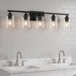 English Elm 5-Light Matte Black Vanity Bar Fixture with Cylinder Glass Shades for Wide Bathroom Mirrors W5735P539029