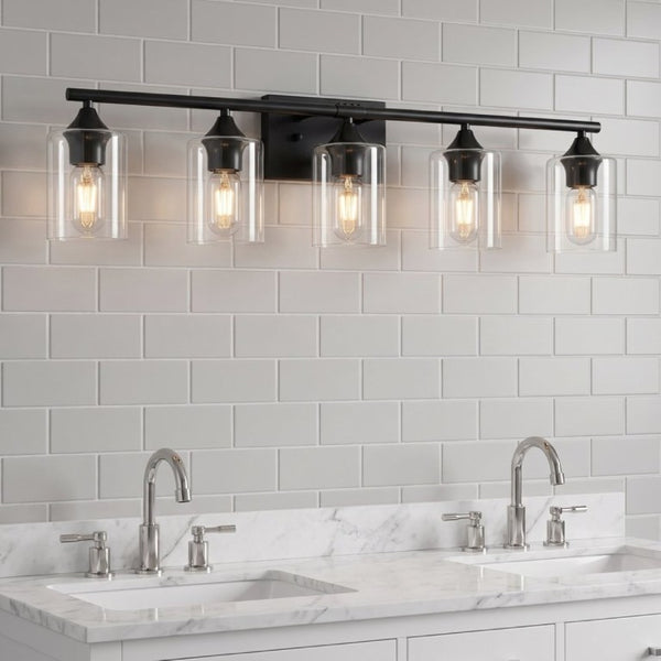 English Elm 5-Light Matte Black Vanity Bar Fixture with Cylinder Glass Shades for Wide Bathroom Mirrors W5735P539029