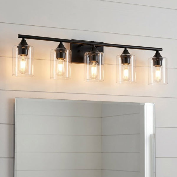 English Elm 5-Light Matte Black Vanity Bar Fixture with Cylinder Glass Shades for Wide Bathroom Mirrors W5735P539029