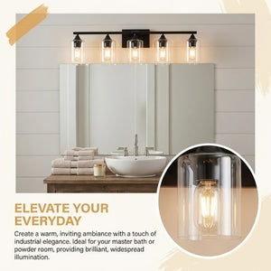 English Elm 5-Light Matte Black Vanity Bar Fixture with Cylinder Glass Shades for Wide Bathroom Mirrors W5735P539029